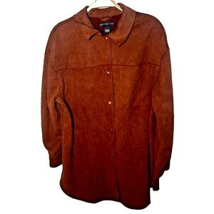 Joan Vass Chocolate Brown  Washable Suede Button Up Shacked Jacket Size L Pocket